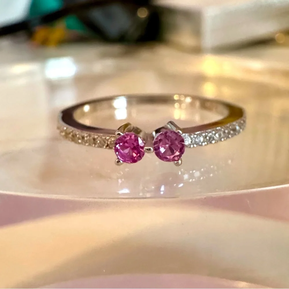 Created Pink Double Sapphire & Simulated Diamond Sterling Silver Stackable Ring